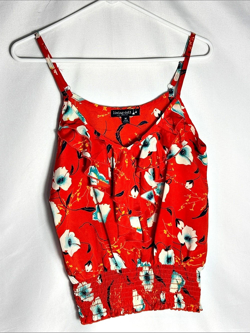 Living Doll Red Floral Ruffle Cami Smocked Waist Tank Top Size Medium